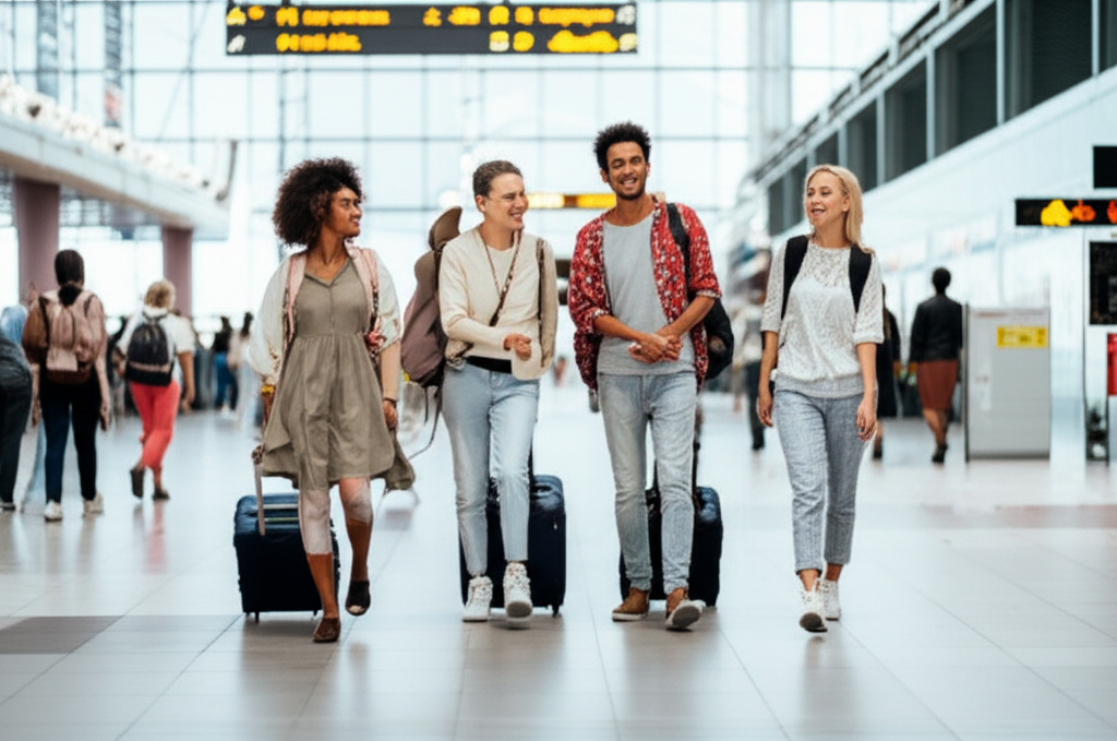 Happy travelers at airport