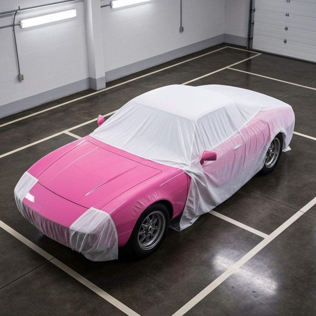 Pink car being covered with a tarp for parking storage